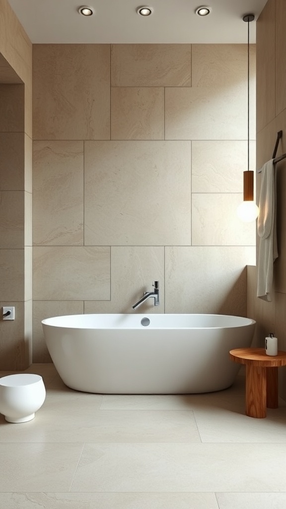 A serene bathroom featuring neutral tones, large stone-like tiles, a freestanding bathtub, and warm wooden accents.