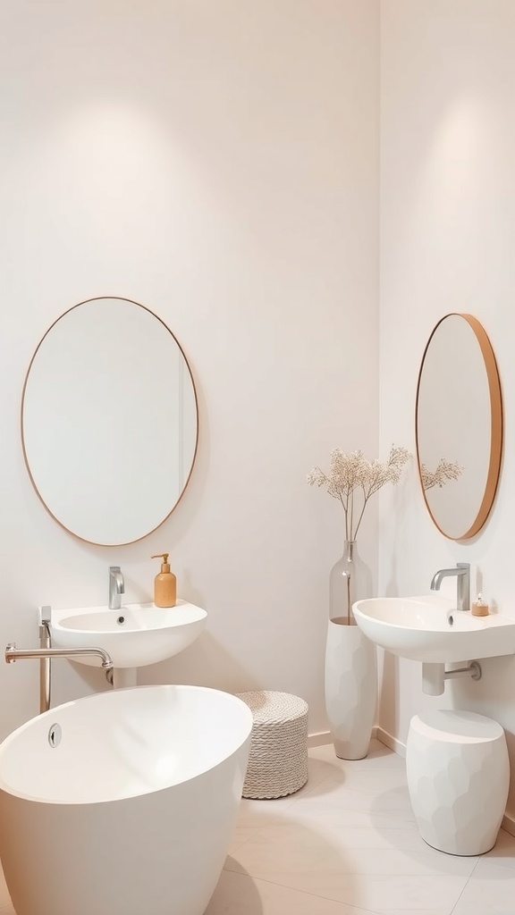 A calming bathroom featuring organic shapes with round mirrors, a free-form bathtub, and smooth fixtures.