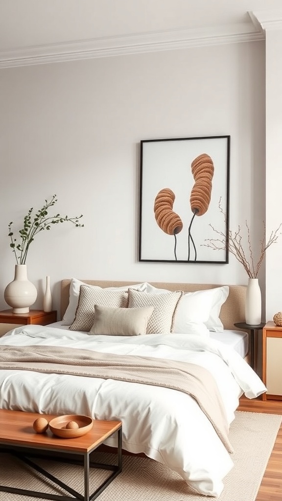 A serene bedroom featuring soft curves in decor elements, including a rounded headboard, vases, and artwork.
