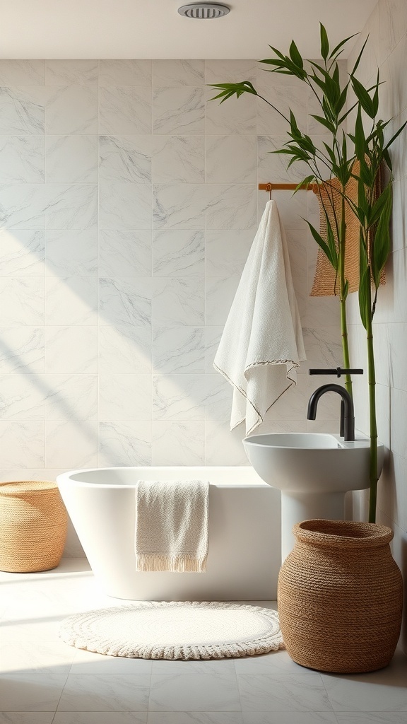 A serene bathroom with a white bathtub, natural fiber rugs, and green plants, showcasing organic textiles.
