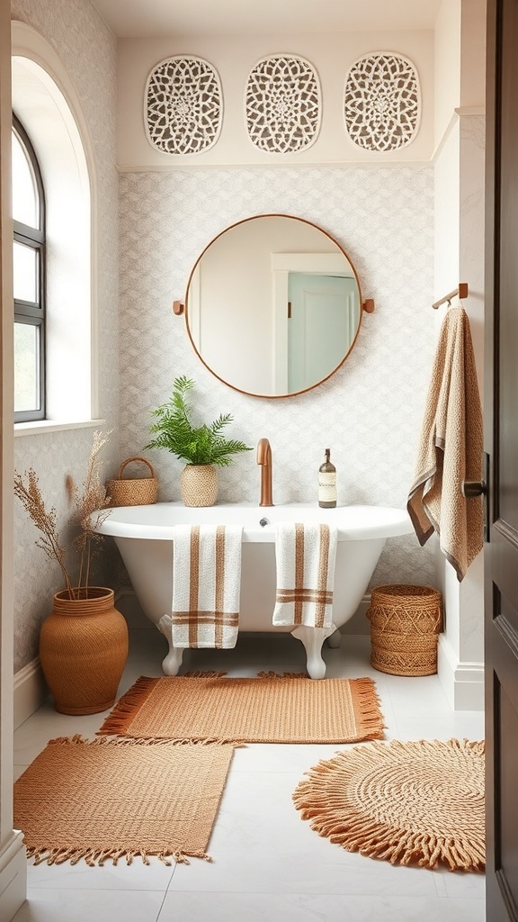 A cozy bathroom featuring organic textiles, including natural fiber rugs and soft towels.
