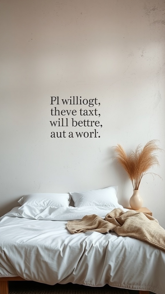 A bedroom with an organic wall finish, featuring a textured wall and a quote, complemented by soft bedding and a decorative vase.