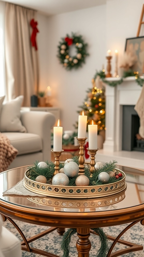 A cozy holiday coffee table arrangement featuring a gold tray with candles, ornaments, and greenery.