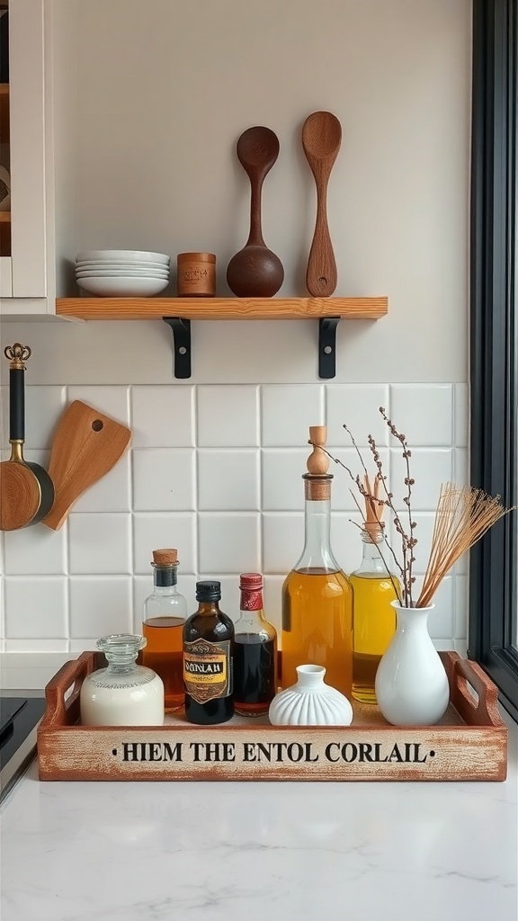 A wooden tray with various bottles and a vase, showcasing an organized kitchen corner.