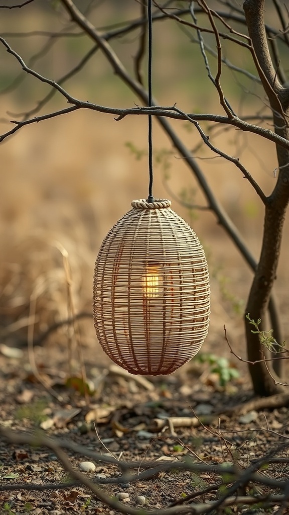 A rattan lamp hanging from a tree branch, emitting a soft glow.