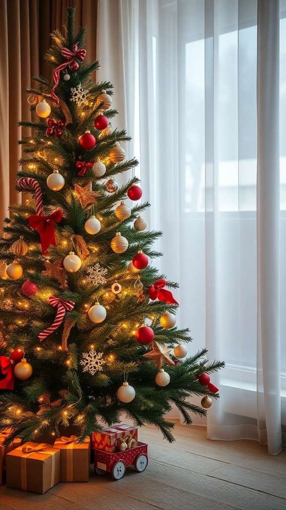 A minimalist Christmas tree decorated with soft lights and a few muted ornaments, surrounded by wrapped gifts.
