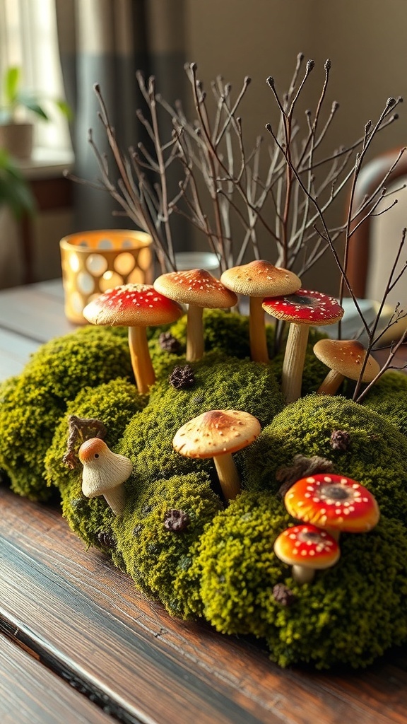 A modern Thanksgiving table centerpiece featuring colorful mushrooms on moss with bare branches.