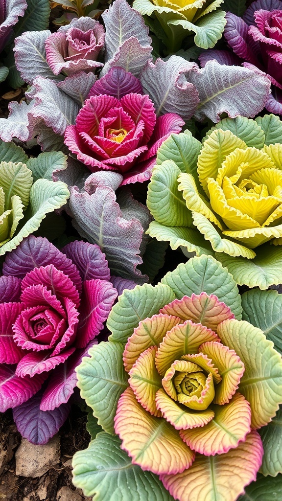 Colorful ornamental kale and cabbage with ruffled leaves in shades of purple, green, and yellow.