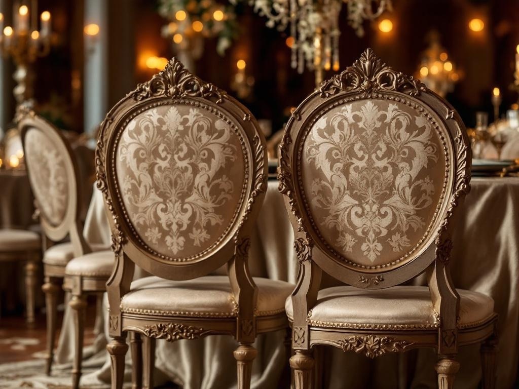 Ornate chairs with intricate designs and luxurious fabric at a wedding reception