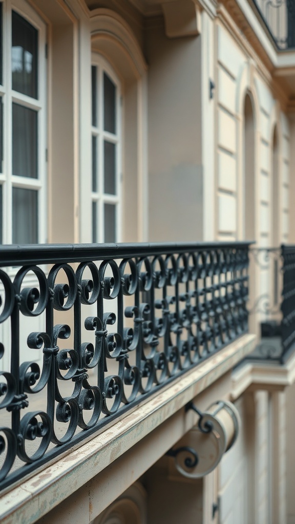 Close-up of ornate wrought iron railings on a balcony