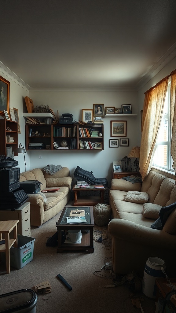 A cluttered living room with outdated furniture, including bulky sofas and scattered items.