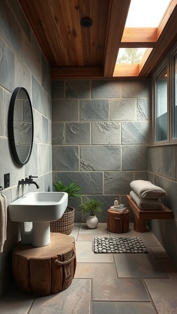 A modern bathroom with stone walls, wooden accents, and plants, featuring natural light from skylights.