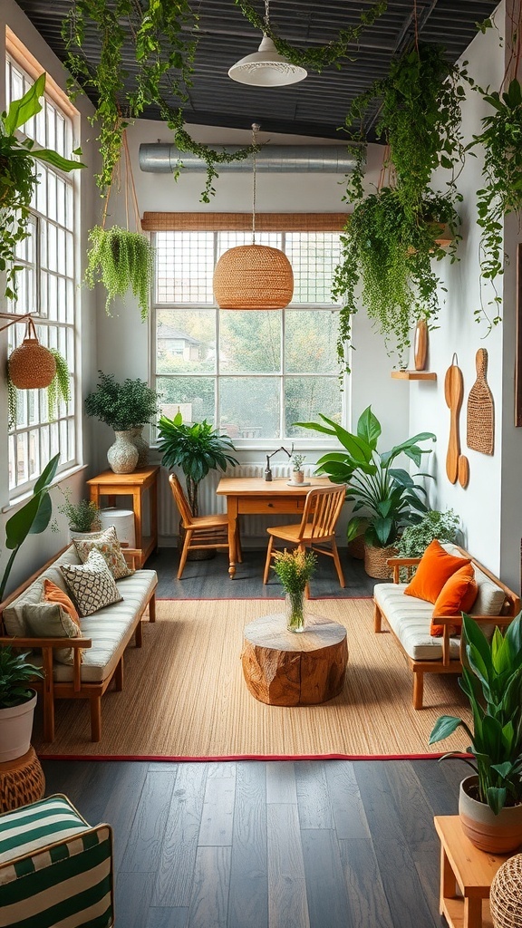 A cozy indoor space with wooden furniture, plants, and a natural rug.
