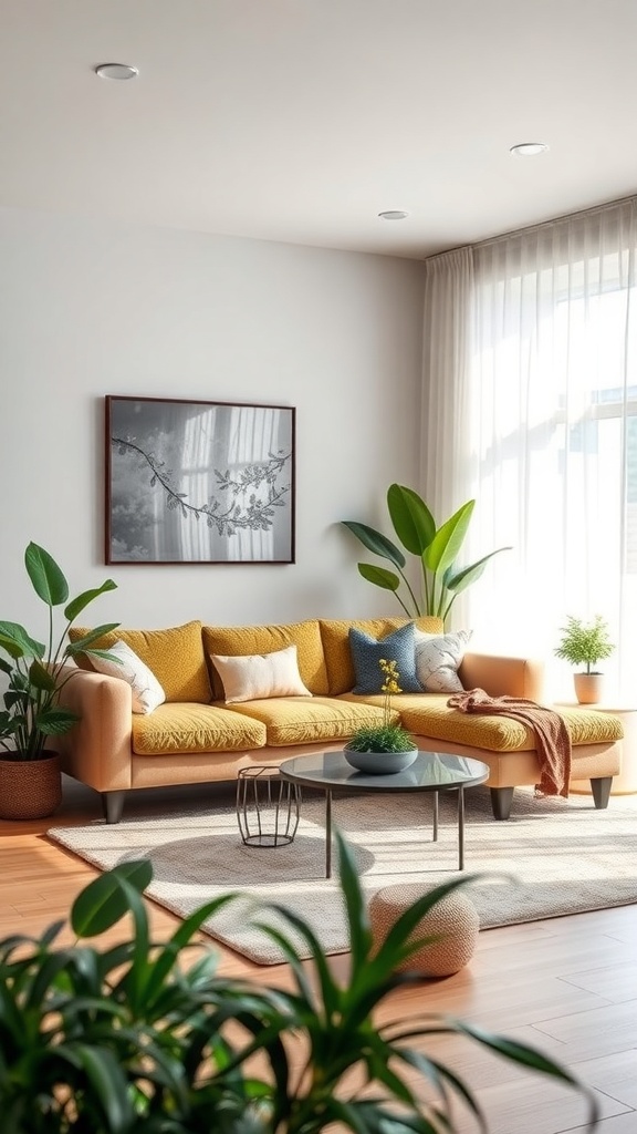 Cozy living room with a yellow couch, plants, and natural light