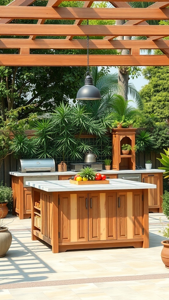 An outdoor kitchen island made of wood with a stone countertop, surrounded by greenery.