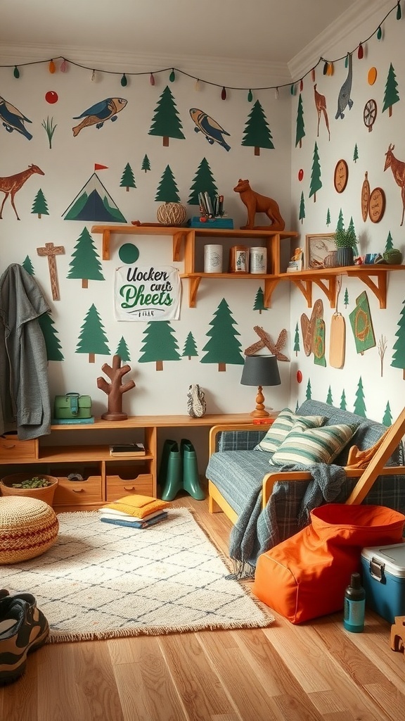 A cozy boy's room corner with outdoor-themed decor, featuring trees, animals, and a comfortable seating area.