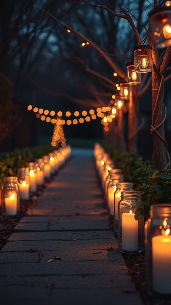 Pathway lined with glass jars holding candles, creating a warm glow at night.