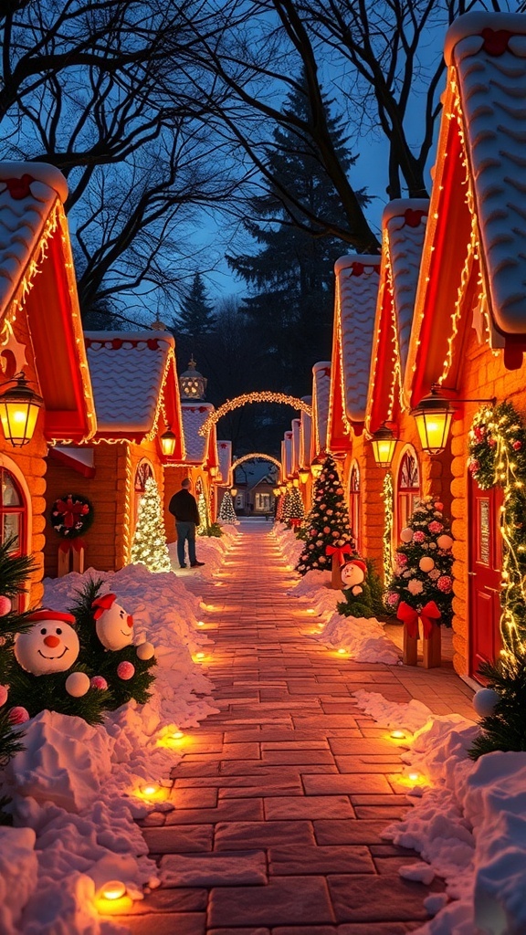 A charming outdoor display featuring gingerbread-style houses, glowing lights, and festive decorations.