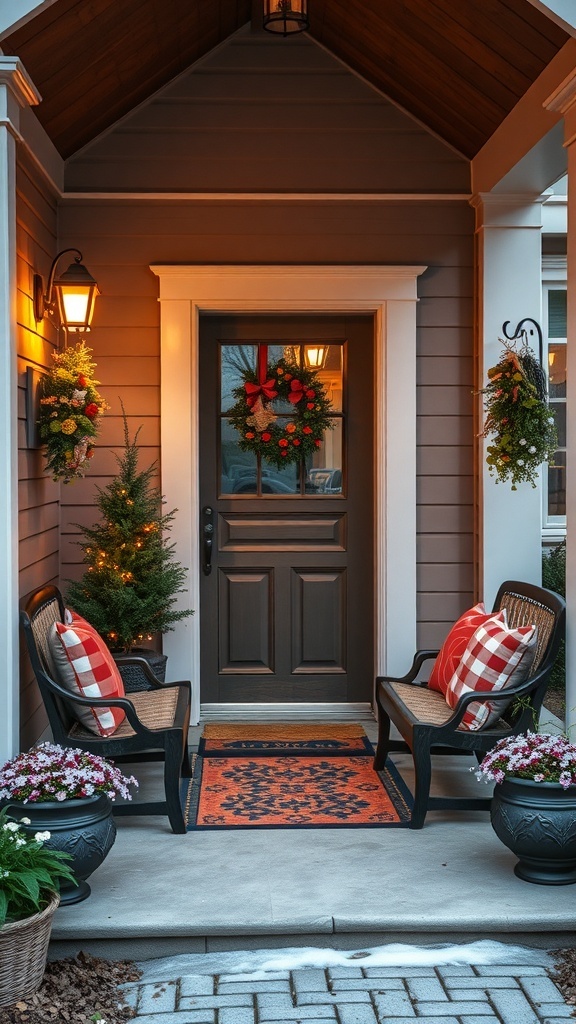 A cozy outdoor entryway decorated for Christmas with a wreath, plaid pillows, and warm lighting.
