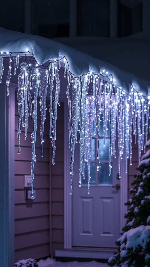 Outdoor icicle lights hanging from a roof, illuminating a snowy scene.