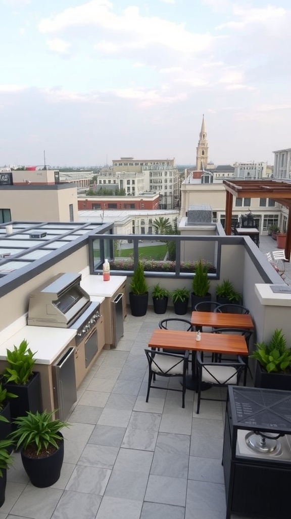 Rooftop terrace with an outdoor kitchen and bar setup, featuring a grill and dining area.