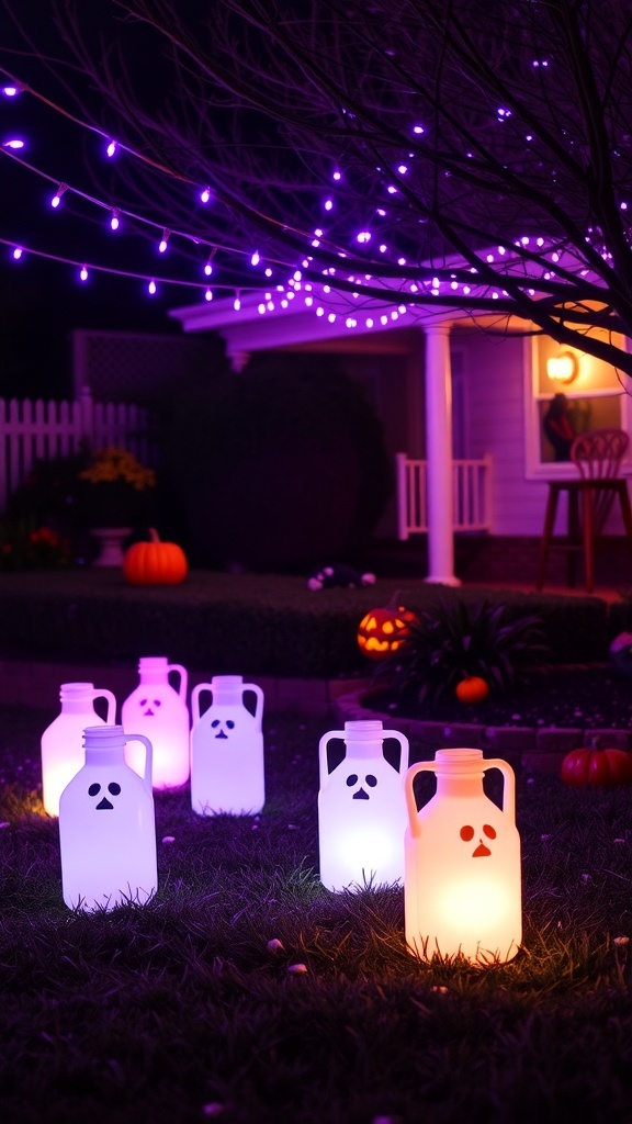DIY glowing ghost jugs with purple string lights for Halloween decoration.