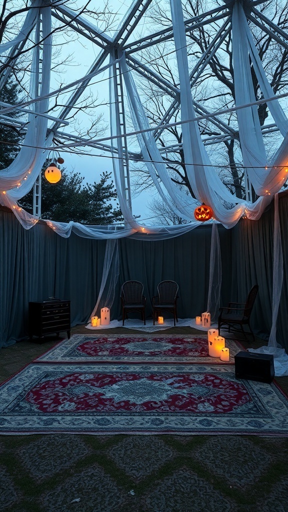 Cozy outdoor movie setup for Halloween with rugs, lanterns, and decorations.
