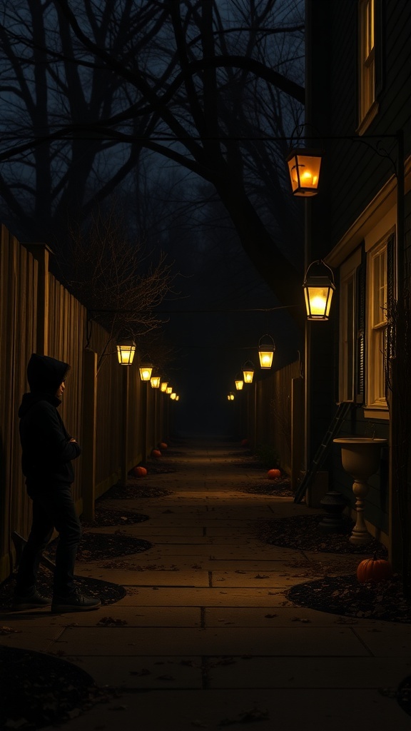 A dimly lit outdoor pathway lined with lanterns and pumpkins, creating a spooky Halloween atmosphere.