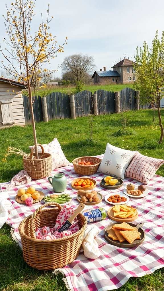 A cozy outdoor picnic setup with a checkered blanket, baskets of food, and pillows in a green garden.
