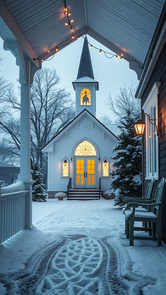 A snowy church lit scene on an outdoor porch, featuring warm lights and snow-covered surroundings.