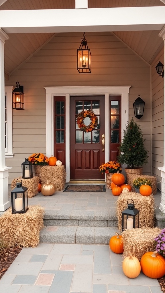 A beautifully decorated porch for Thanksgiving featuring pumpkins, hay bales, lanterns, and a wreath.