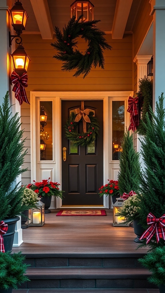 A beautifully decorated outdoor entrance featuring a wreath, lanterns, and festive plants.