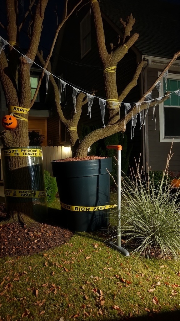 A spooky outdoor scene featuring fright tape wrapped around trees and bushes, with Halloween decorations.