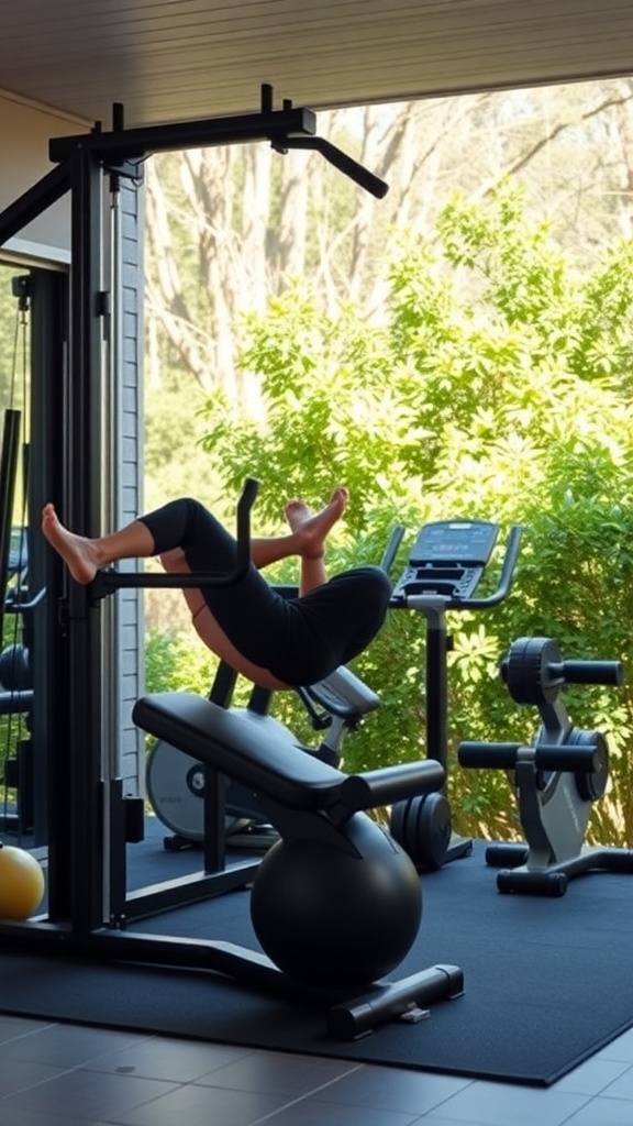 An outdoor gym space featuring workout equipment and greenery in the background.