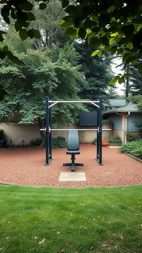 Outdoor workout space with a weight bench and pull-up bar surrounded by greenery