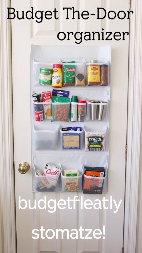 Over-the-door clear pockets organizer filled with various pantry items.