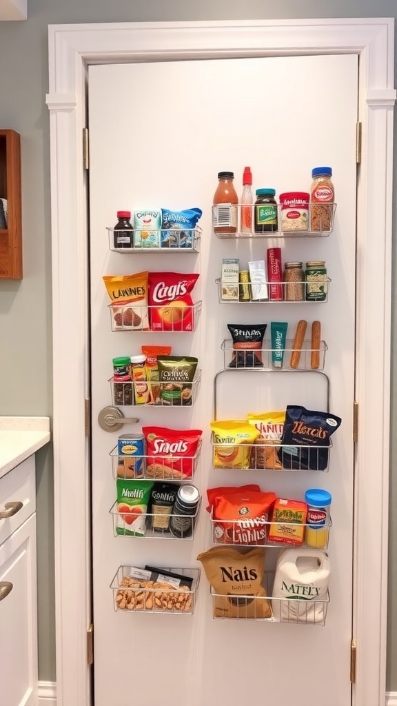 A pantry door with multiple wire baskets holding snacks, sauces, and pantry items.