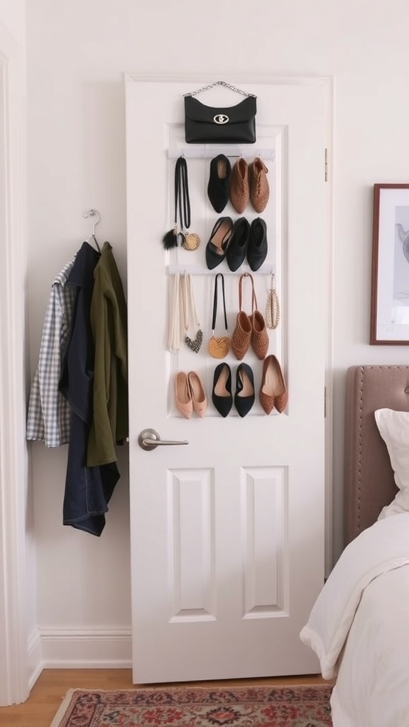 A door with an over-the-door organizer displaying shoes and a handbag.