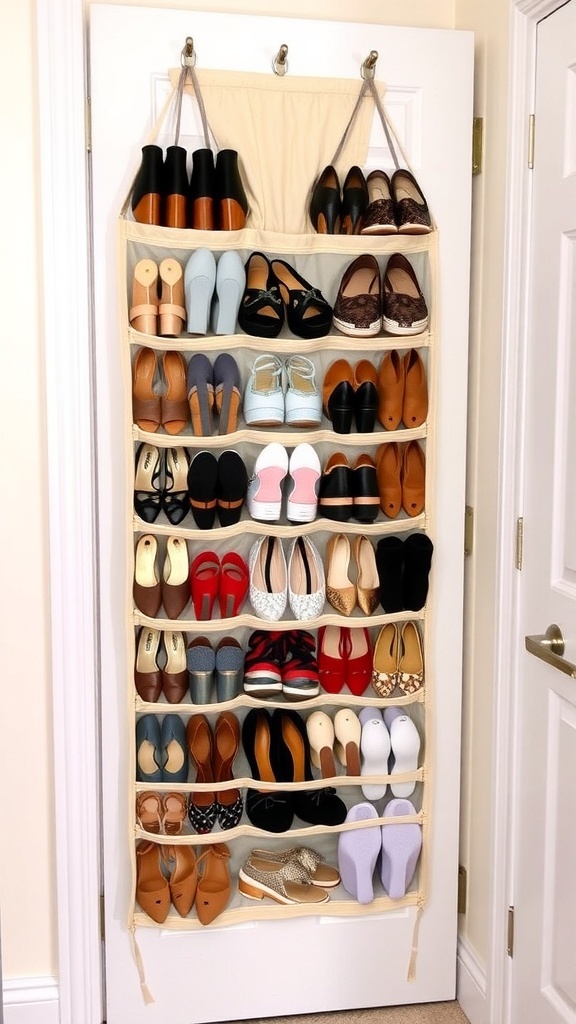 An over-the-door shoe organizer displaying various pairs of shoes neatly arranged in pockets.