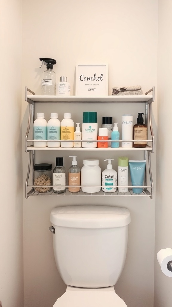 Stylish over-the-toilet shelving unit with neatly arranged skincare and cleaning products.