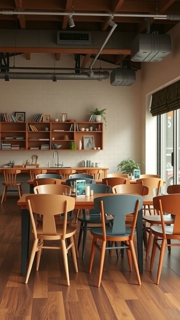 A dining area with multiple chairs around tables, showcasing a crowded seating arrangement.