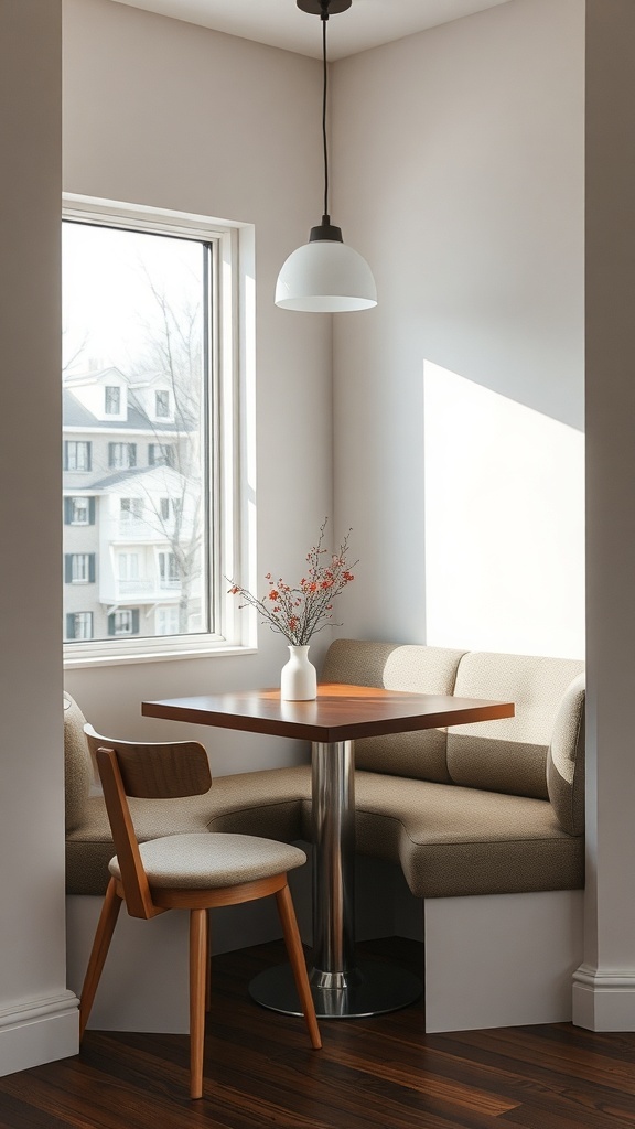 A cozy breakfast nook with rounded corner seating and a small table, illuminated by natural light from a window.