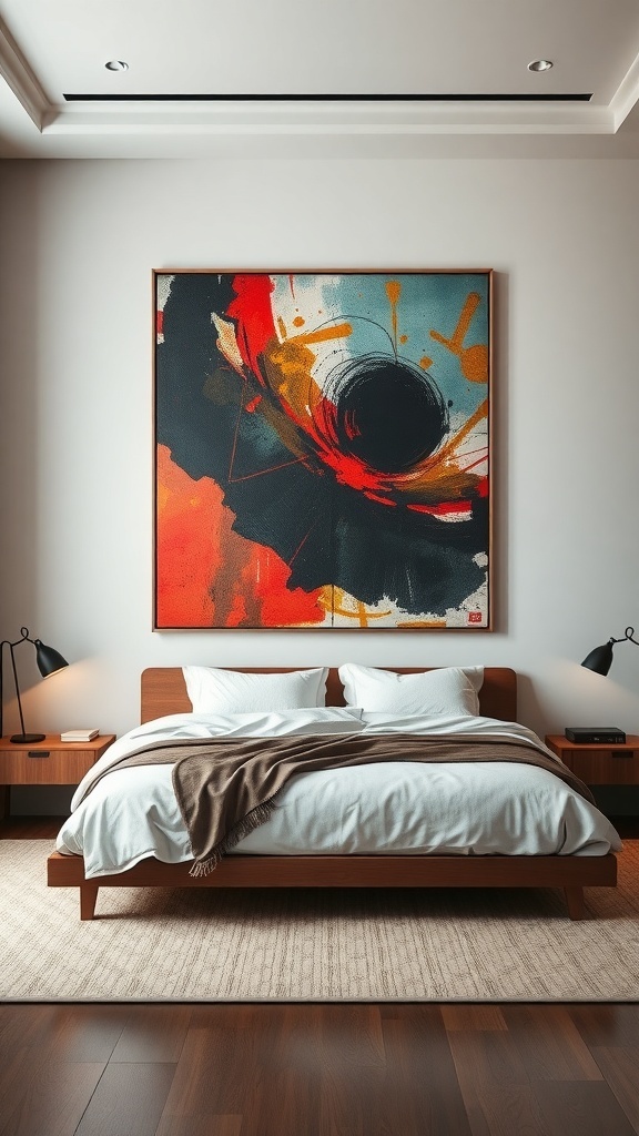 abstract oversized art piece with vibrant colors in a modern bedroom