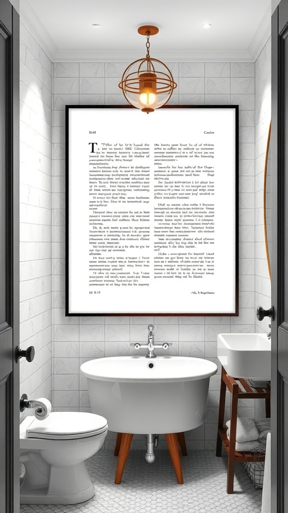 A stylish tiny powder room featuring oversized art on the wall, creating a focal point.