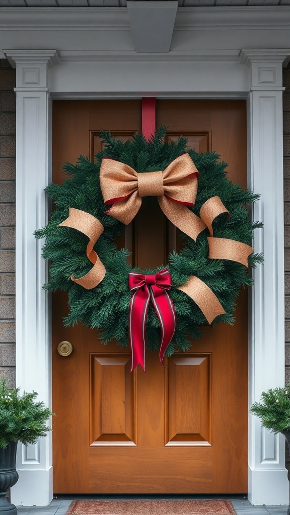 A front door decorated with a lush green wreath featuring a large gold bow and red ribbon.