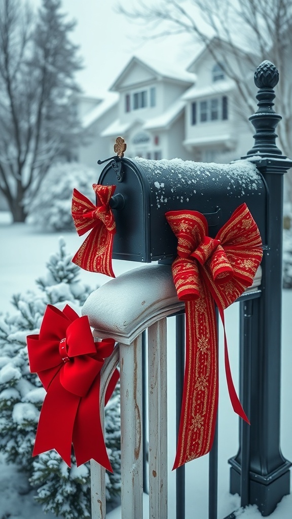 A mailbox decorated with large red bows in a snowy setting.