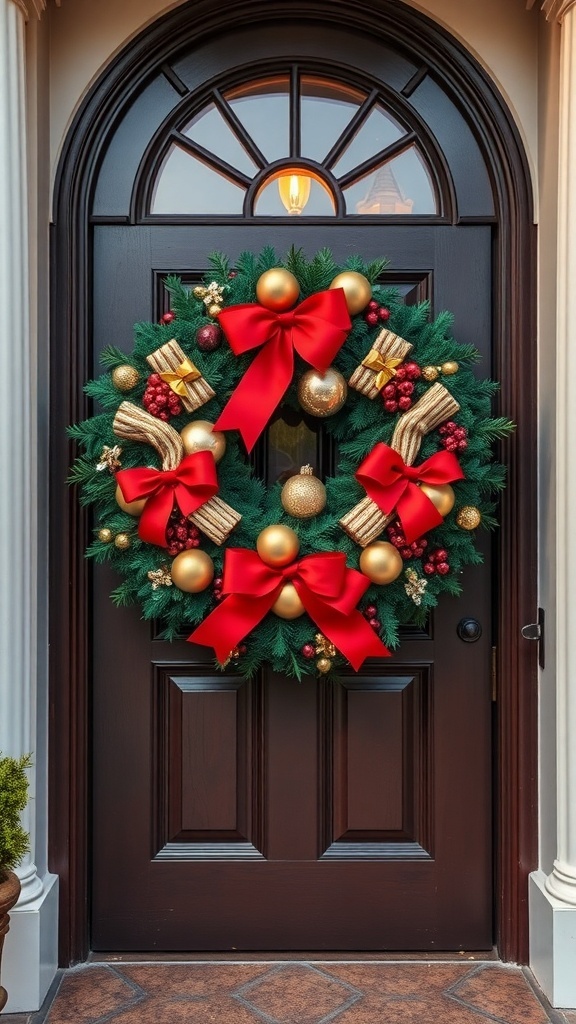 An oversized Christmas wreath with red ribbons, gold ornaments, and greenery on a dark wooden door.