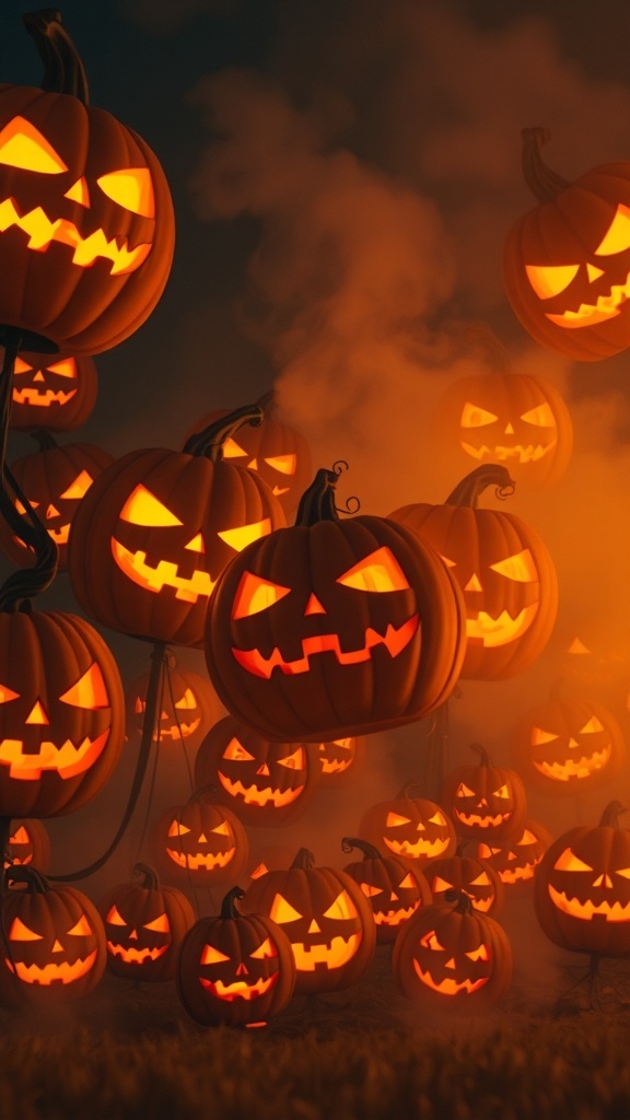 A patch of oversized jack-o'-lanterns glowing in the dark with fog