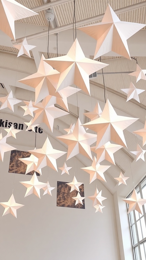 A collection of oversized paper stars hanging from the ceiling, creating a festive atmosphere.