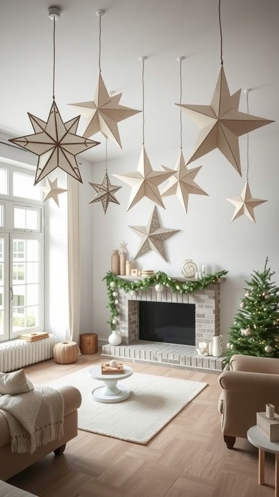 A cozy living room decorated with oversized paper stars hanging from the ceiling, featuring a fireplace adorned with greenery and a Christmas tree.